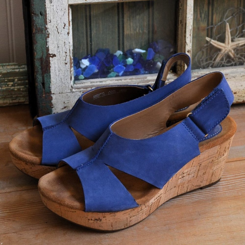 CLARKS Artisan Slingback Blue Leather Wedge Cork Platform Sandals 6.5 6 1/2